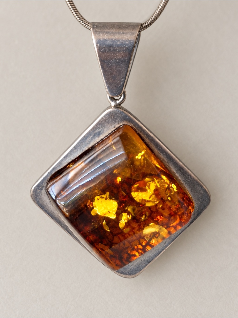 Square Amber-Color Pendant 925 Sterling Silver Modernist